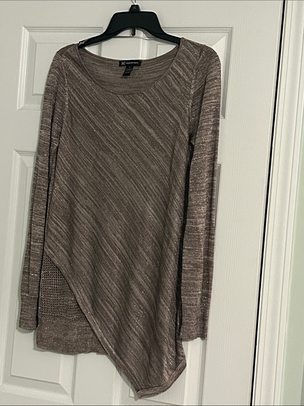 INC international concerts Metallic Taupe Diagonal Hem Knit Top